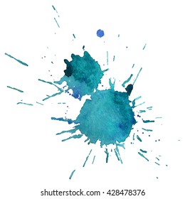 Expressive watercolor spot with droplets, smudges, stains, splashes.  Blue color blot in grunge style. To design and decor backgrounds, banners, flyers.