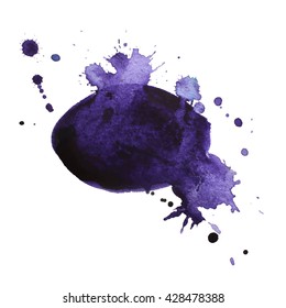 Expressive watercolor spot with droplets, smudges, stains, splashes.  Violet color blot in grunge style. To design and decor backgrounds, banners, flyers.