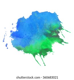 expressive watercolor stain with splashes of blue green color. Banner for text message 