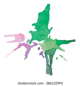 expressive watercolor stain with splashes of pink green color, vector illustration
