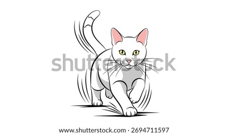 An expressive white cat walks forward with its tail waving, illustrated in a cartoon-like style on a white background.