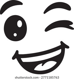 Expressive winking face with wide smile and cheerful disposition. Playful cartoon character isolated on white background.