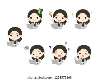 An expressive woman operates a personal computer.