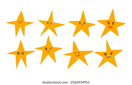 Expressive Yellow Star Set with Playful Faces. A set of 8 yellow stars featuring expressive faces, from smiles to winks, perfect for adding charm to celestial and creative designs