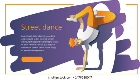 Expressive young man plays the trick. Man dancing street dance. Template Banner or home screen landing page.
