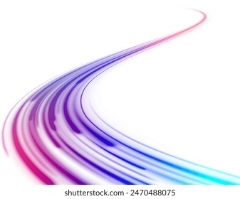 Expressway, car headlight effect. Abstract neon light rays vector png background. Light trail wave, fire path trace line, car lights, optic fiber and incandescence curve twirl.	