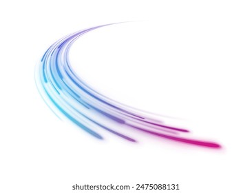 Expressway, car headlight effect. Abstract neon light rays vector png background. Light trail wave, fire path trace line, car lights, optic fiber and incandescence curve twirl.	