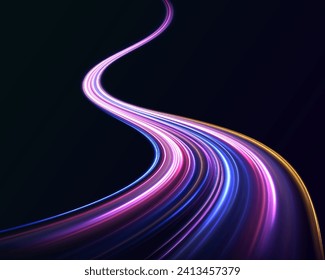 Expressway, car headlight effect. Speed connection vector background. Acceleration speed motion on night road.	