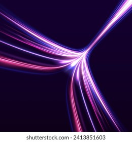 Expressway, car headlight effect. Speed connection vector background. Acceleration speed motion on night road.	