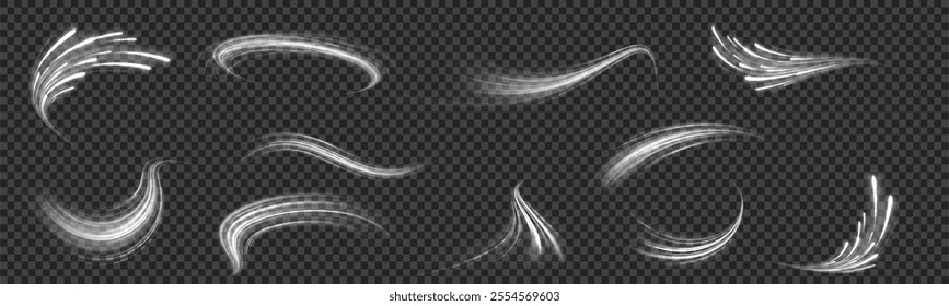 Expressway, car headlight effect. Speed connection vector background. Png, line, blur, beam, ray, abstract, energy, pack, effect. Vector glowing lines air flow effect. Speed connection background. 