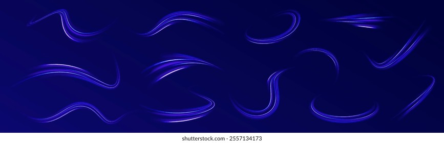 Expressway, car headlight effect. Speed connection vector background. Png, line, blur, beam, ray, abstract, energy, pack, effect. Vector glowing lines air flow effect. Speed connection background. 