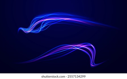 Expressway, car headlight effect. Speed connection vector background. Png, line, blur, beam, ray, abstract, energy, pack, effect. Vector glowing lines air flow effect. Speed connection background. 