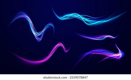 Expressway, car headlight effect. Speed connection vector background. Png, line, blur, beam, ray, abstract, energy, pack, effect. Vector glowing lines air flow effect. Speed connection background. 