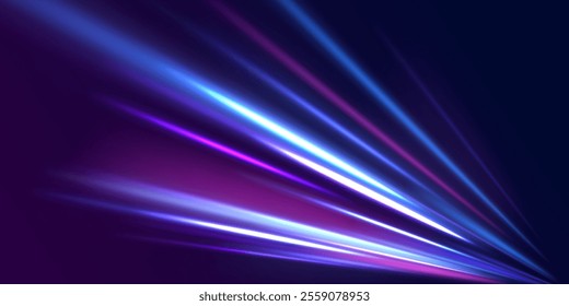 Expressway, car headlight effect. Speed connection vector background. Png, line, blur, beam, ray, abstract, energy, pack, effect. Vector glowing lines air flow effect. Speed connection background. 