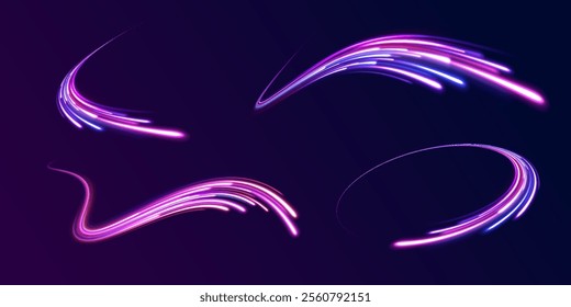 Expressway, car headlight effect. Speed connection vector background. Png, line, blur, beam, ray, abstract, energy, pack, effect. Vector glowing lines air flow effect. Speed connection background. 