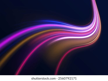 Expressway, car headlight effect. Speed connection vector background. Png, line, blur, beam, ray, abstract, energy, pack, effect. Vector glowing lines air flow effect. Speed connection background. 