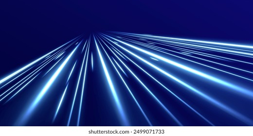 Expressway, the effect of car headlights. Low-poly construction of fine lines. Blue background. Elegant bright neon linear wave.