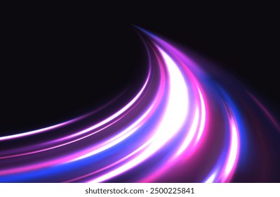 Autopista, el efecto de los faros de los coches. Construcción de líneas finas de bajo poli. Fondo azul. Elegante onda lineal de neón brillante.