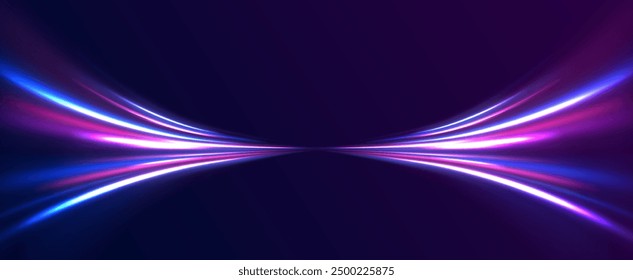 Expressway, the effect of car headlights. Low-poly construction of fine lines. Blue background. Elegant bright neon linear wave.