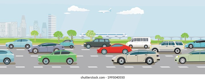 Expressway with heavy car traffic and express train illustration