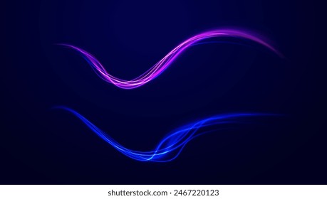 Autopista en largo retraso, con luces de coche por la noche en la autopista. Vector brillo luz fuego bengala traza. Arco claro en colores neón, en forma de giro y zigzag.