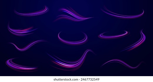 Expressway in long delay, with car lights at night on autobahn. Vector glitter light fire flare trace. Power energy. LED glare tape. Futuristic dynamic motion technology.