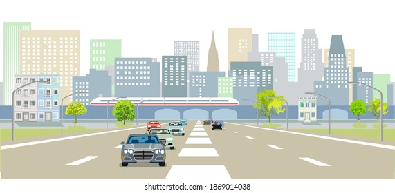 Expressways in front of a City silhouette illustration