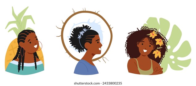 Exquisite African Women Portrait Avatars, Adorned In Vibrant Attire, Black Female Characters Radiating Elegance With Rich Skin Tones, Captivating Eyes, And Graceful Smiles. Cartoon Vector Illustration