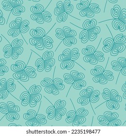 Exquisite allover floral seamless surface pattern design. Aesthetic allover arrangement of three leaf clover leaves. Shamrock leaf for St. Patrick’s Day. Dainty foliage repeat texture background.