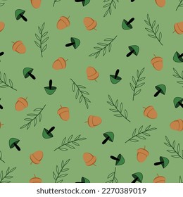 Exquisite allover floral seamless surface pattern design. Aesthetic allover arrangement of branches of leaves, acorns and mushrooms. Dainty foliage repeat textured background.