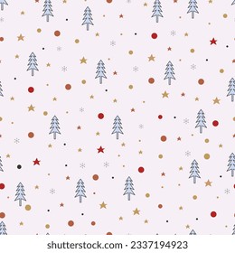 Exquisite allover holly jolly Christmas seamless pattern. Aesthetic whimsical arrangements of merry Xmas motifs. Xmas trees, stars, polka dots, snowflakes etc. Christmassy repeat textured background.