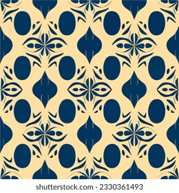 Exquisite art nouveau inspired pattern in blue and yellow, gracefully adorning a sunny yellow background with art deco influences.