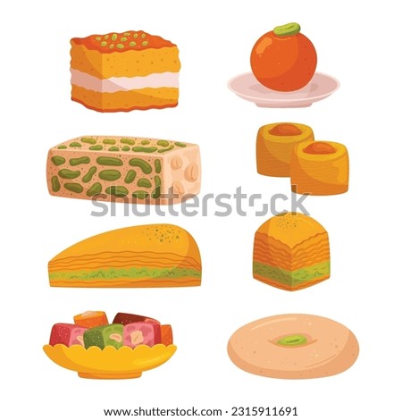 Exquisite Assortment Of Eastern Sweets, Offering A Delectable Blend Of Flavors And Textures. Variety Of Traditional Treats, Including Baklava, Kunafa, And Halva. Cartoon Vector Illustration