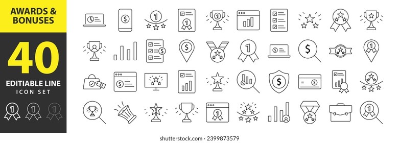 Exquisite Awards and Bonuses Vector Icons Set - Modern Thin Line Illustrations for Success and Recognition! Discover a collection of editable icons, including Cups, Awards, Medals, Diplomas, Champion,