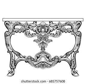 Exquisite Baroque console table engraved. Vector French Luxury rich intricate ornamented structure. Victorian Royal Style decor