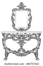 Exquisite Baroque dressing table engraved. Vector French Luxury rich intricate ornamented structure. Victorian Royal Style decor