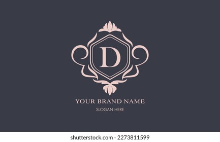 Exquisite baroque pattern. Floral ornament with initial letter D. Vintage frame, greeting card, wedding invitation. Vector logo template, label, business sign.