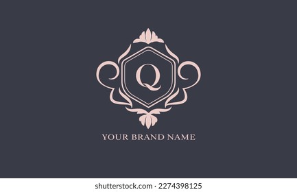 Exquisite baroque pattern. Floral ornament with initial letter Q. Vintage frame, greeting card, wedding invitation. Vector logo template, label, business sign.