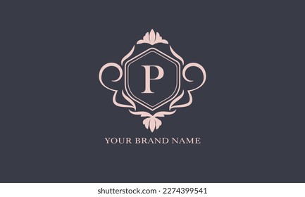 Exquisite baroque pattern. Floral ornament with initial letter P. Vintage frame, greeting card, wedding invitation. Vector logo template, label, business sign.