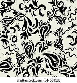 Exquisite baroque template on beige with black doodles. Vector damask seamless pattern. Classical luxury old fashioned damask ornament, royal victorian seamless texture for fabric, textile, wrapping.