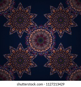 Exquisite baroque template in red, blue and brown colors. Vector damask seamless pattern. Classical luxury damask ornament, royal victorian seamless texture for wallpapers, textile, wrapping.