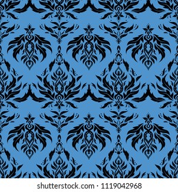 Exquisite baroque template. Vector damask seamless pattern in blue and black colors. Classical luxury old fashioned damask ornament, royal victorian seamless texture for wallpapers, textile, wrapping.