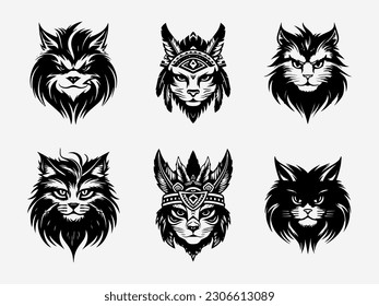 An exquisite black and white illustration of a cat's head set, depicting the cat's fierce independence and enigmatic nature with captivating simplicity