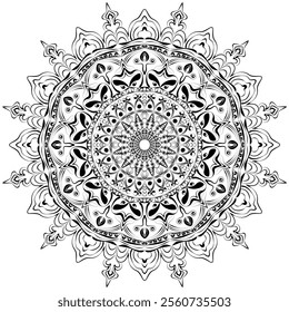 Exquisite black and white mandala artwork showcasing a harmonious blend of floral, geometric, and ornamental patterns. This intricately detailed design is perfect for coloring books, tattoo templates,