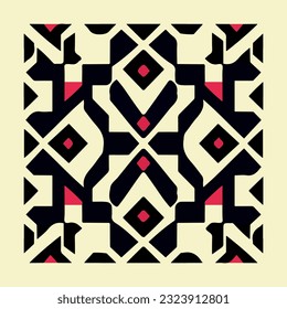 Exquisite black and white pattern with intricate details and pops of red, showcasing mesmerizing art deco design. Its symmetrical beauty and shipibo influences captivate the.