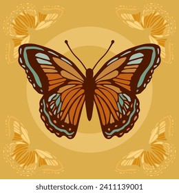 Exquisite Blue and Brown Butterfly Illustration on a Warm Brown Background, High-Quality Vector Image