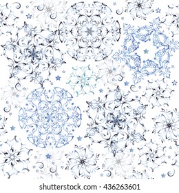 Exquisite blue seamless background of snowflakes and stars. Background of snowflakes can be used for textiles, wrapping paper, background for web.