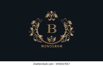 Exquisite bronze monogram on a dark background with the letter B. Stylish logo is identical for a restaurant, hotel, heraldry, jewelry, labels, invitations.