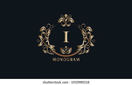 Exquisite bronze monogram on a dark background with the letter I. Stylish logo is identical for a restaurant, hotel, heraldry, jewelry, labels, invitations.