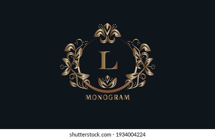 Exquisite bronze monogram on a dark background with the letter L. Stylish logo is identical for a restaurant, hotel, heraldry, jewelry, labels, invitations.